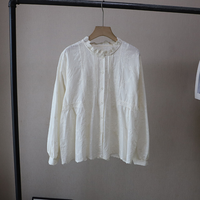 白ブラウス レース刺繍韓国風ブラウス長袖トップス2色