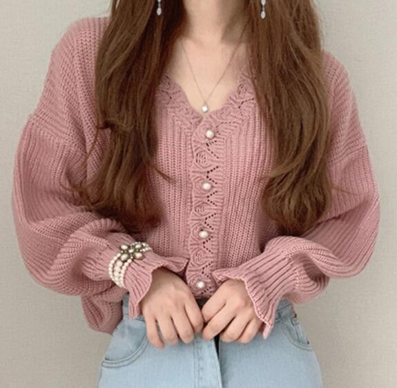 白ブラウス フリル編み込み長袖ニットセーター レディース秋冬