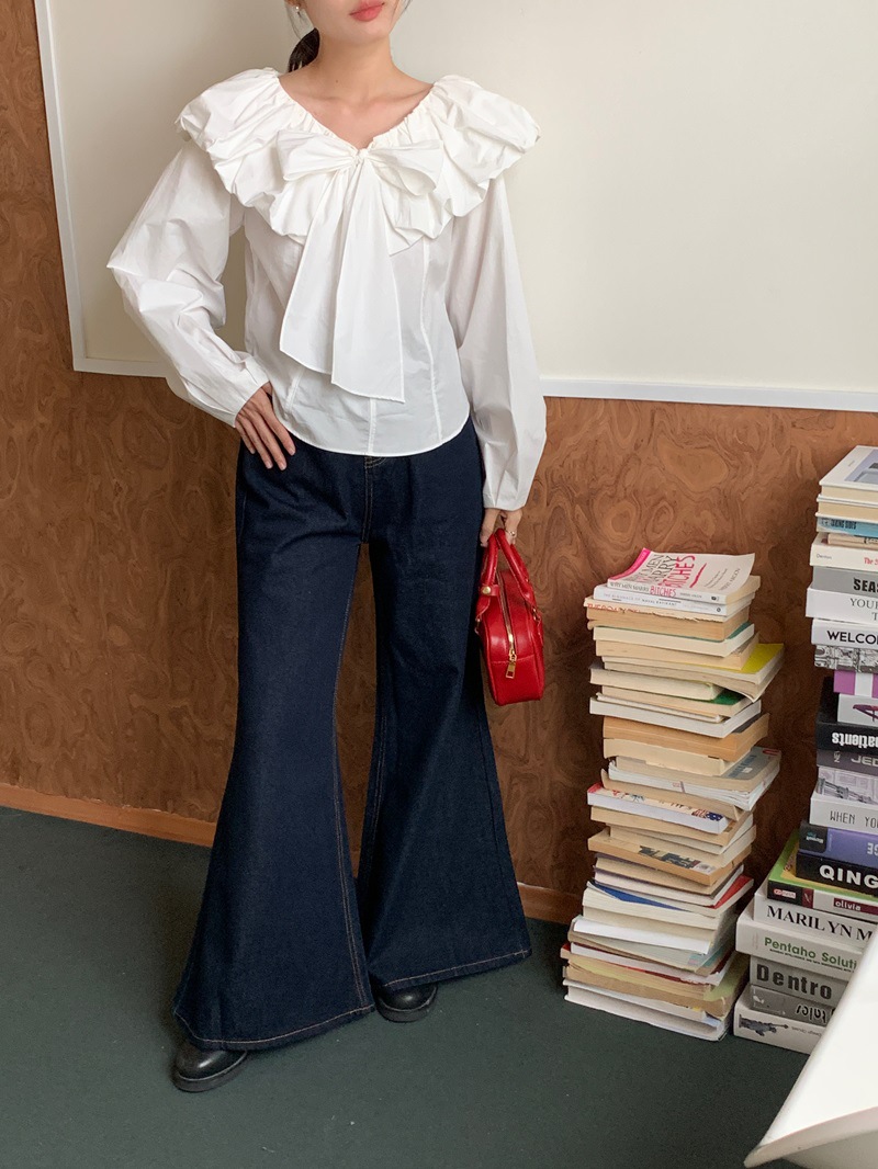 リボン付き長袖白ブラウス体型カバーレディース