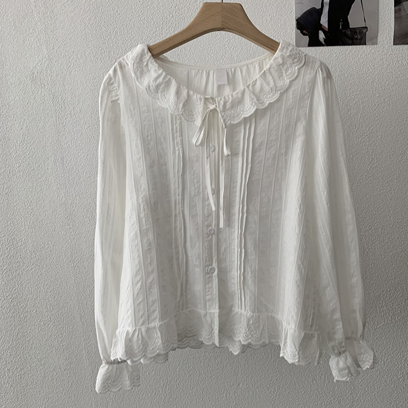 韓国風レース襟白ブラウス長袖トップス3色展開