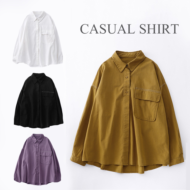 白ブラウス 襟付き長袖シャツ 胸ポケット付きベーシックブラウス