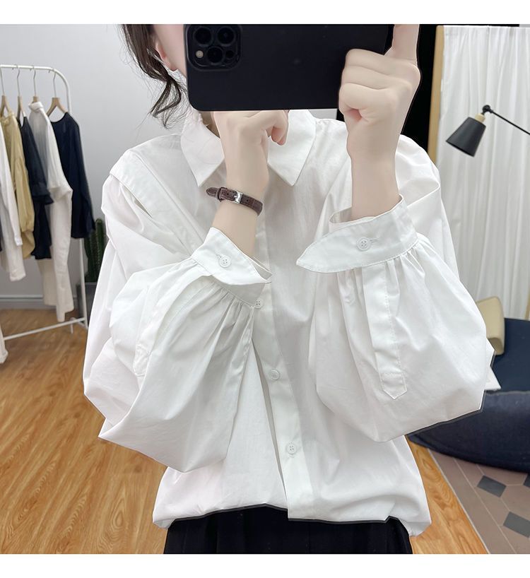 ゆったり長袖シャツ 袖ぷっくり白ブラウス レディース