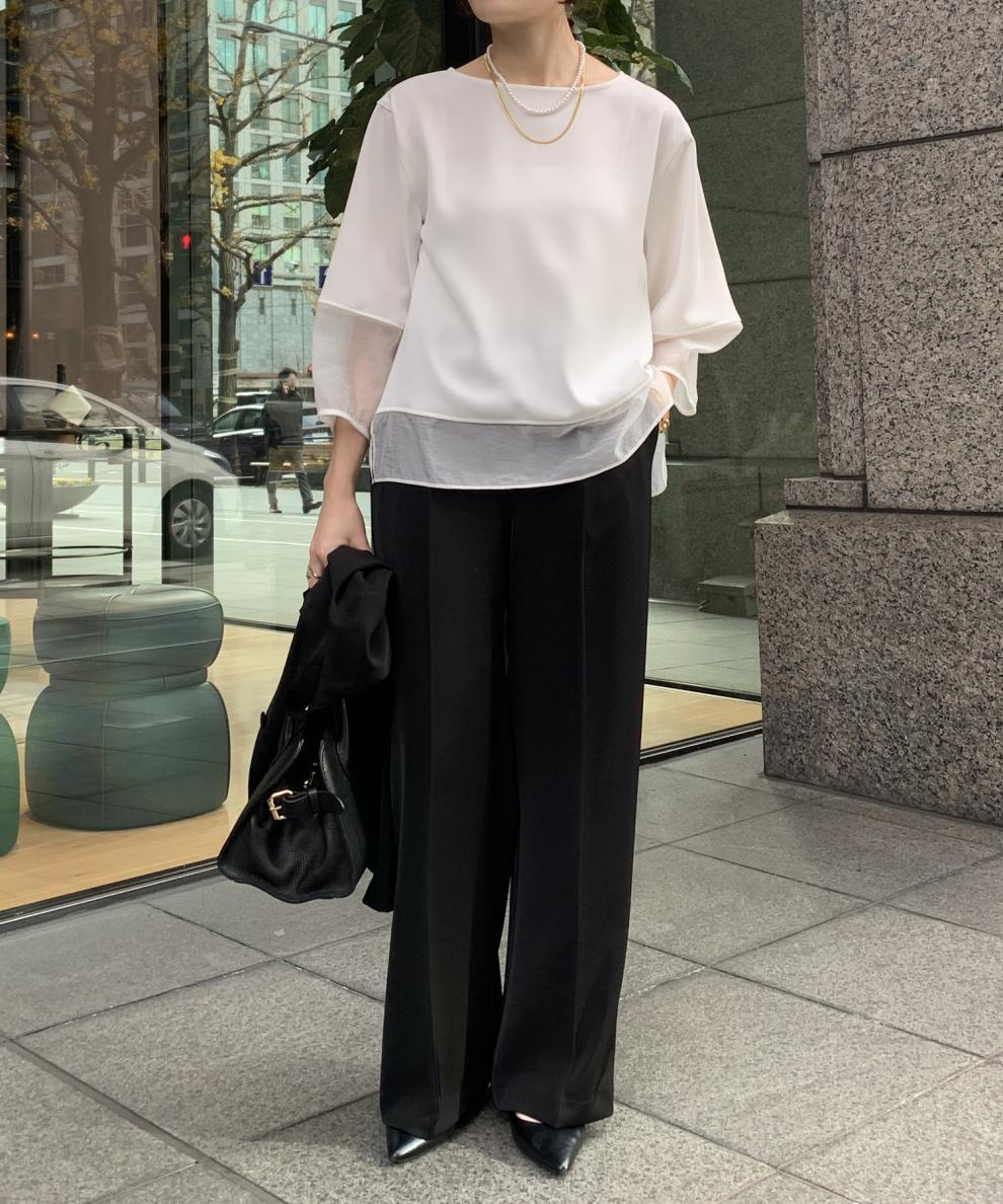 白ブラウス シフォン重ね着風半袖ブラウス裏地付き春夏薄手