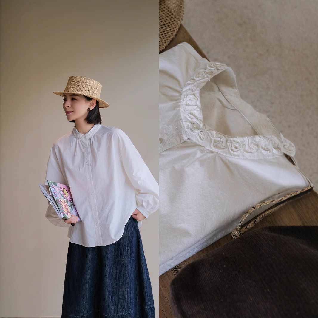 白ブラウス 花刺繍スタンドカラーブラウス