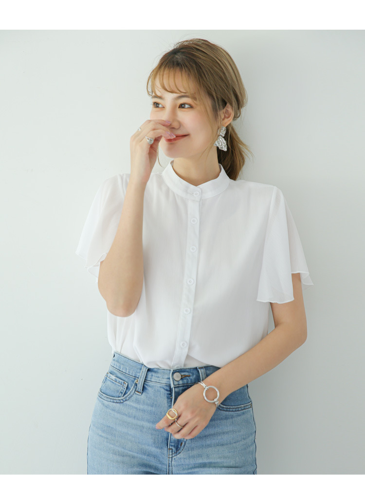 白ブラウス 優美フレア袖スタンドカラーブラウス