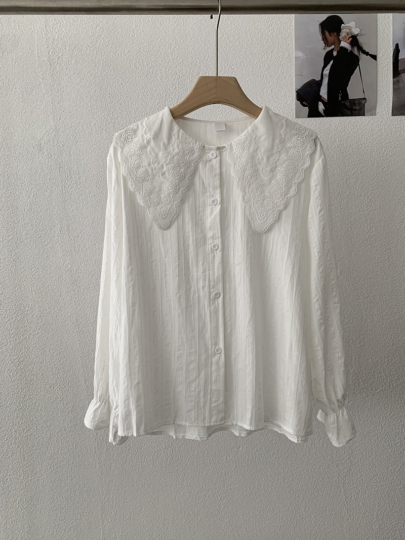 韓国風レース襟白ブラウス長袖トップス3色展開