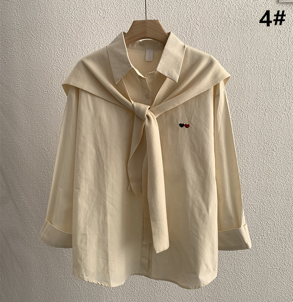 白ブラウス 長袖シャツ＋ショール風二点セット女性春秋トップス