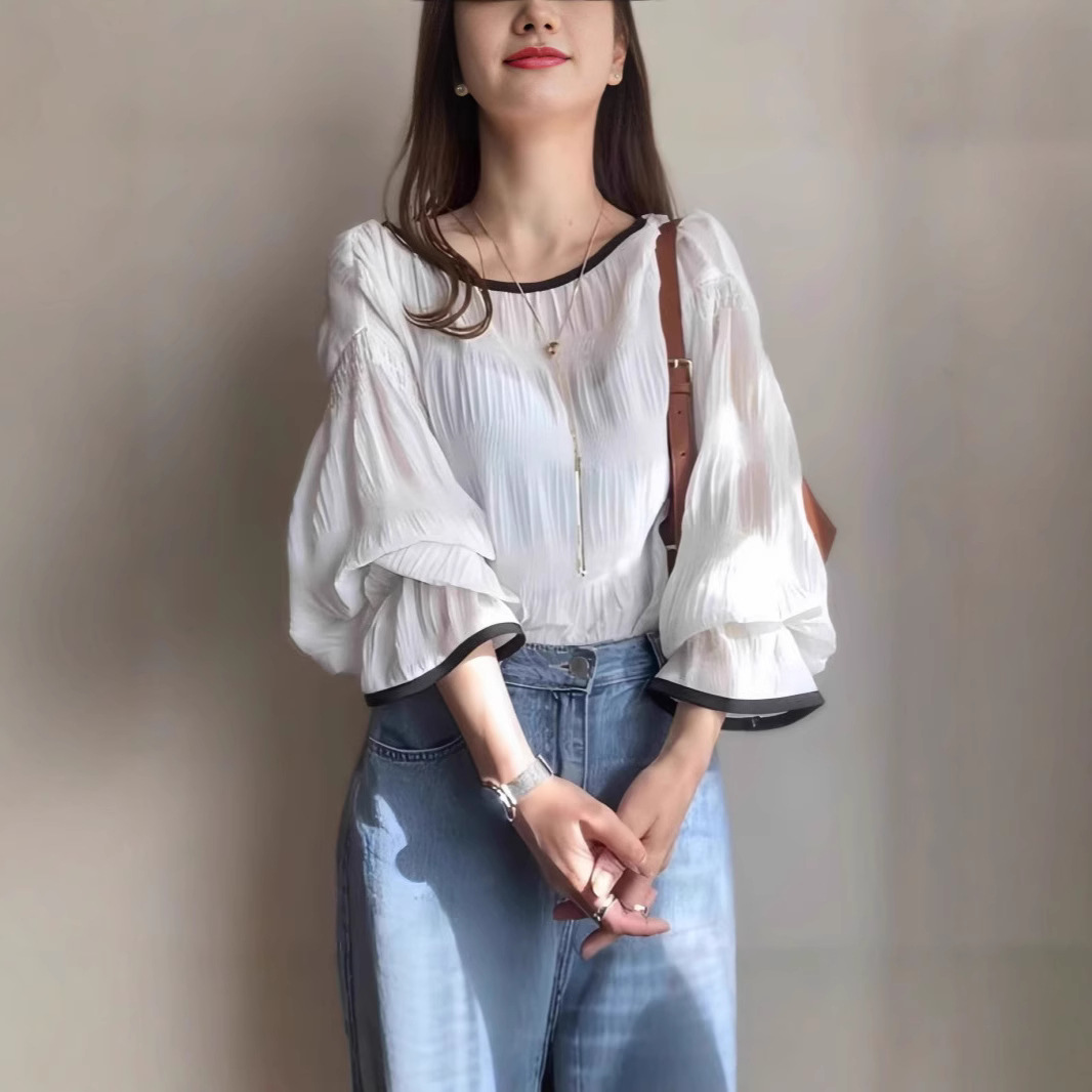 白ブラウス シフォン ブラウス レディース 長袖 フリル袖 3色展開