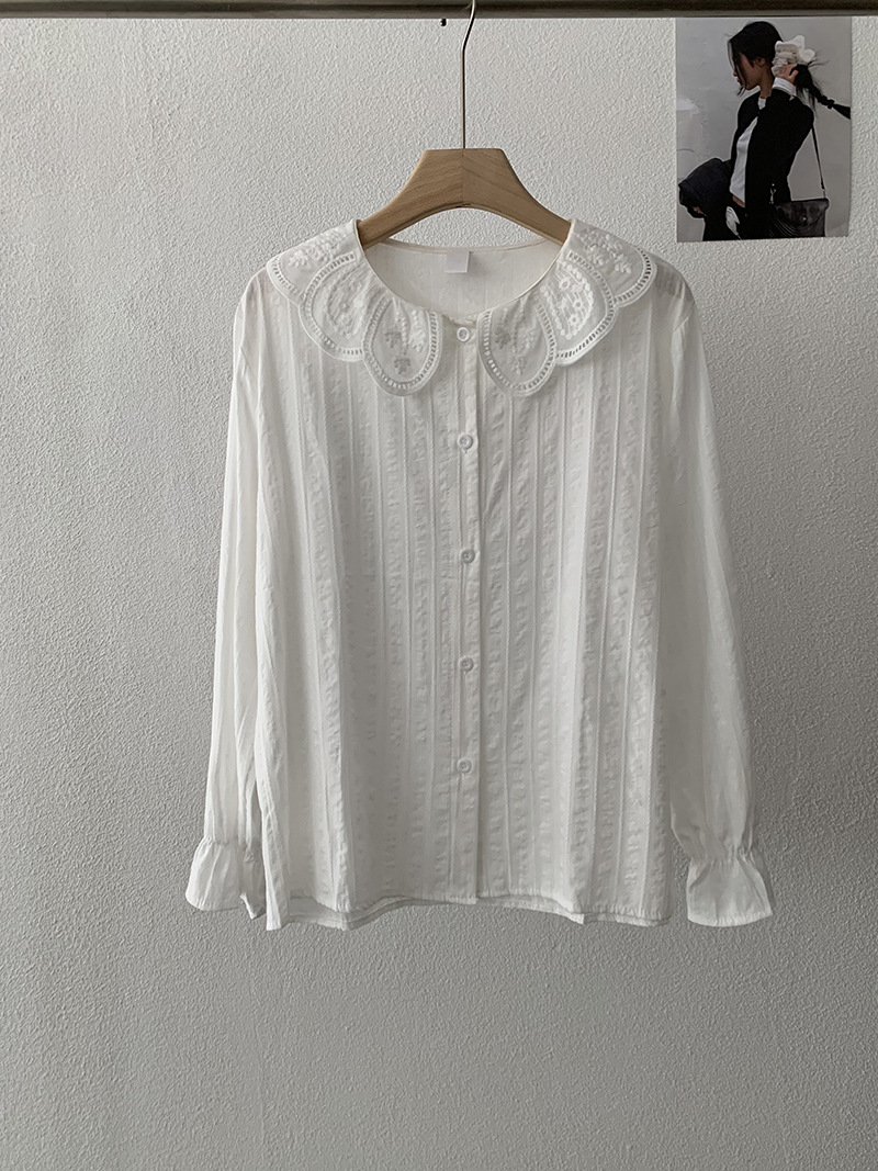 韓国風レース襟白ブラウス長袖トップス3色展開
