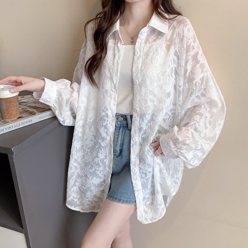 白ブラウス 花柄シアーレースシャツ