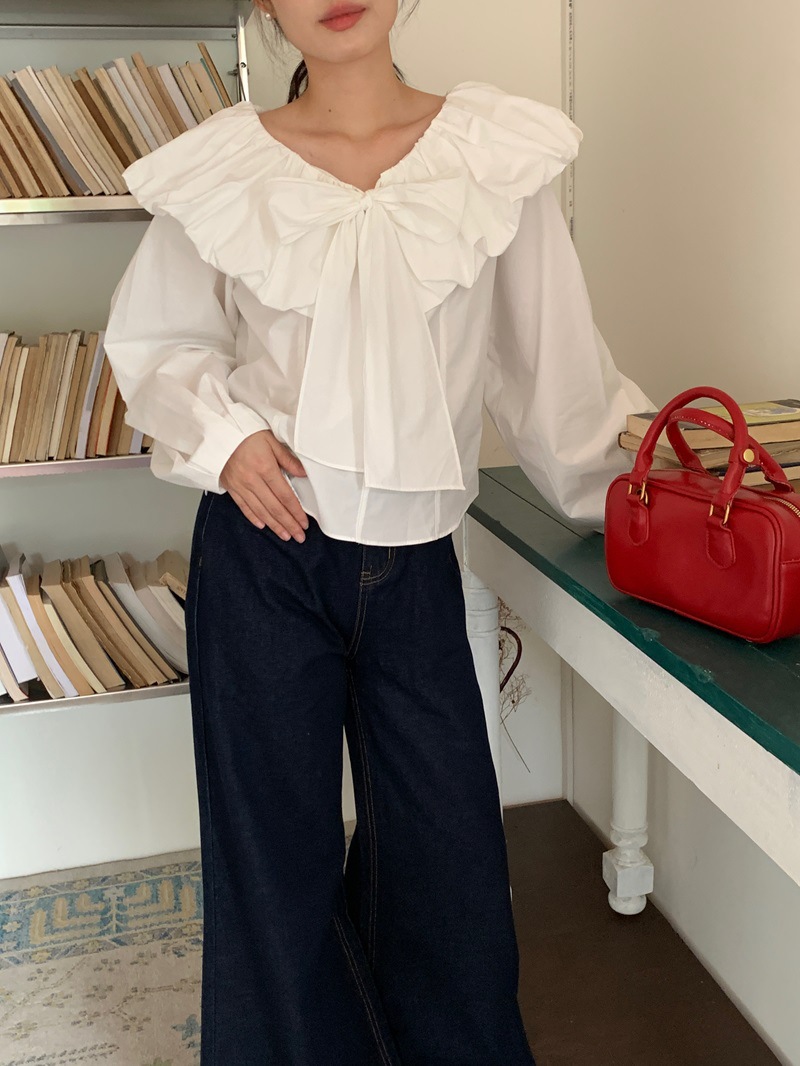 リボン付き長袖白ブラウス体型カバーレディース