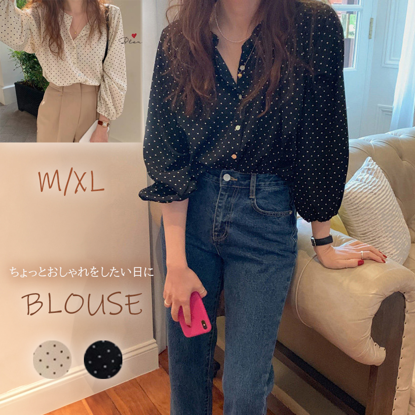 白ブラウス 上品ドット柄シフォンブラウス きれいめカジュアル長袖