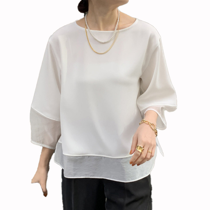 白ブラウス シフォン重ね着風半袖ブラウス裏地付き春夏薄手