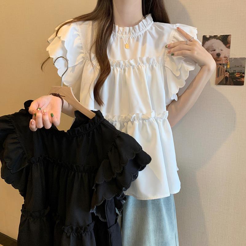 白ブラウス フリル装飾ティアードブラウス