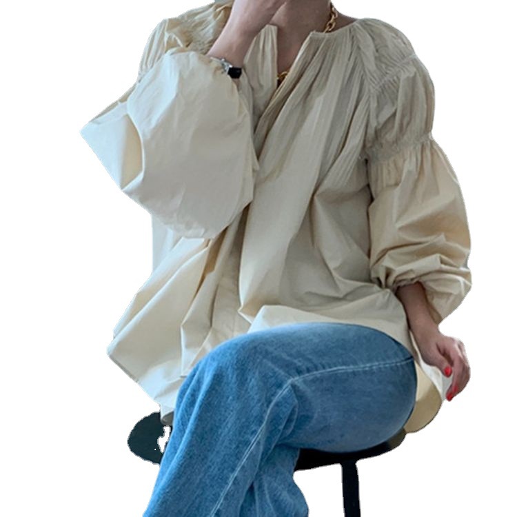 白ブラウス 春夏新作 白チュニック パフスリーブ 着痩せ 体型カバー 長袖