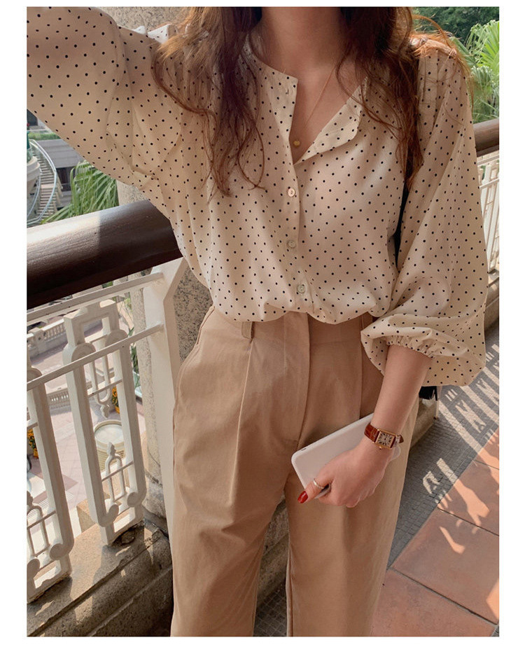 白ブラウス 上品ドット柄シフォンブラウス きれいめカジュアル長袖