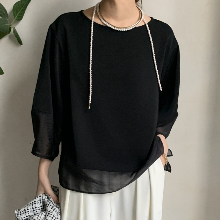 白ブラウス シフォン重ね着風半袖ブラウス裏地付き春夏薄手