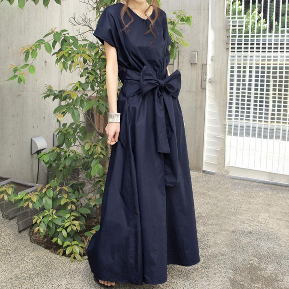 ワンピース　優美なリボン結びマキシワンピース（ブルベ夏向け・ブルベ冬向け）