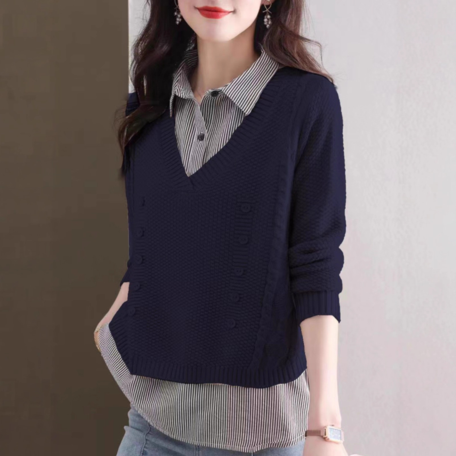 ブルベ夏/ブルベ冬服　襟付きシャツ重ね着風ニット