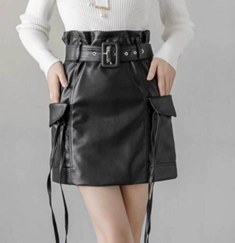 ブルベ冬服 ハイウエスト レザースカート（ブラック冬）
