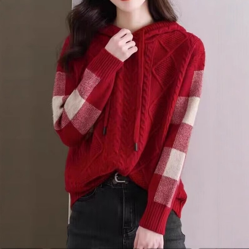 ブルベ夏/ブルベ冬服 立体ケーブル編みフード付き切替袖ニットパーカー