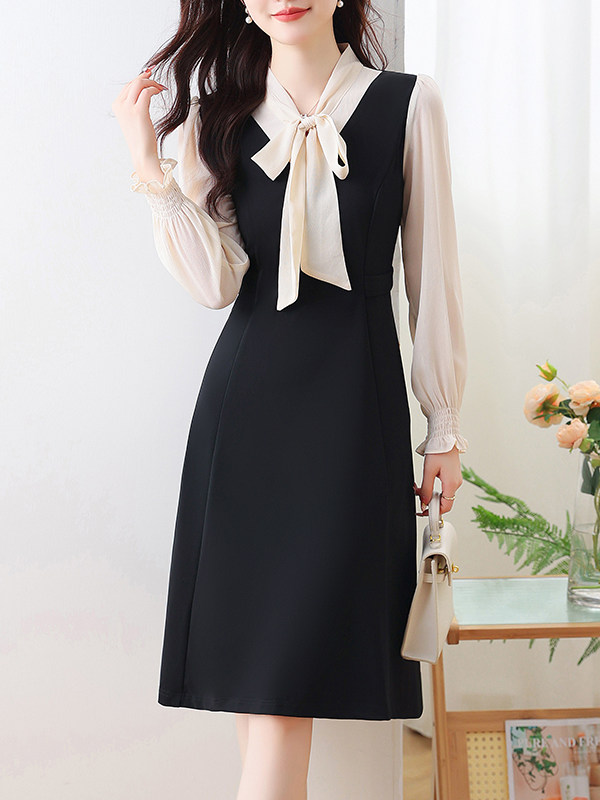 ブルベファッション 襟元リボン付きバイカラー長袖切替ワンピース