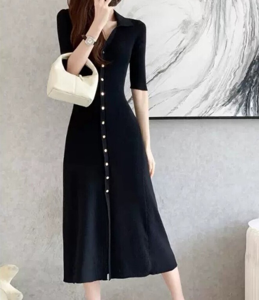 ブルベ冬服 フロントボタン スリットニットワンピース