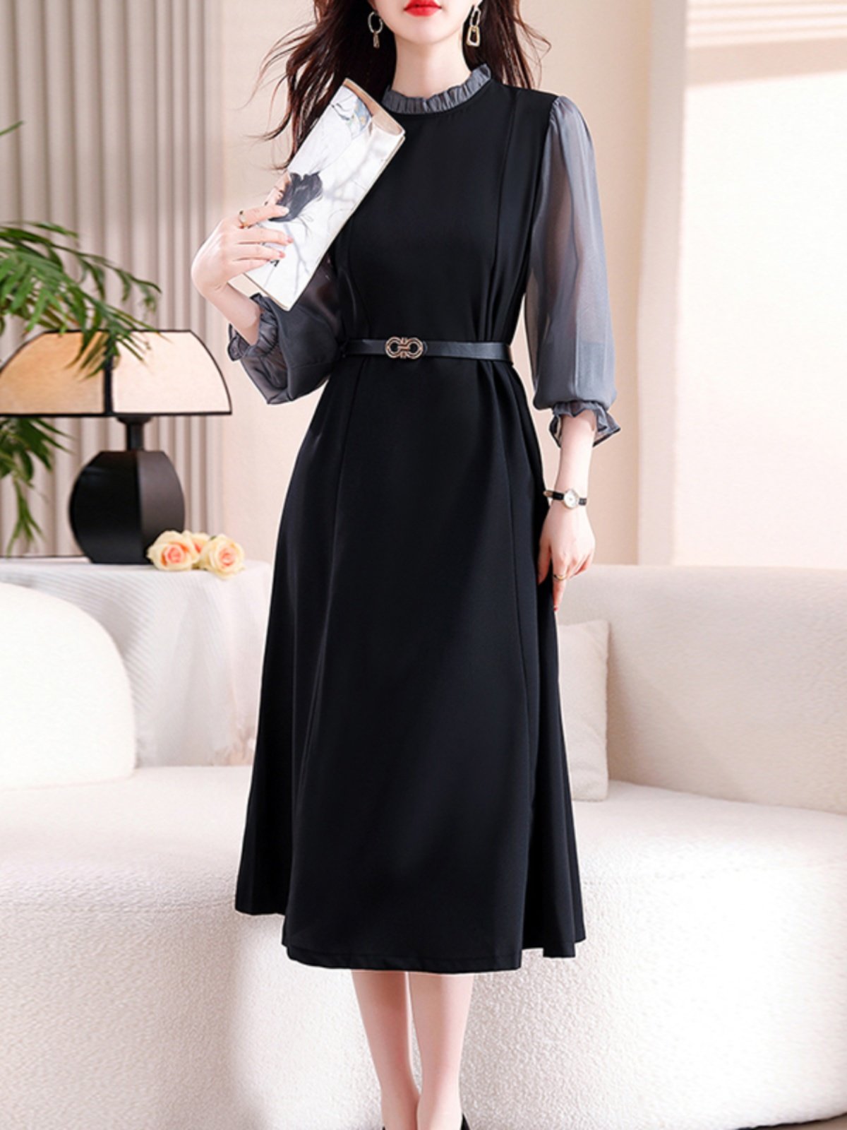 ブルベ冬服　透け感袖シアーフリル襟付きベルト付きワンピース