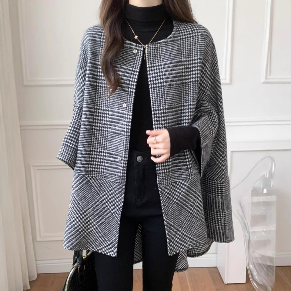 ブルベ夏/ブルベ冬服　千鳥格子柄ノーカラーオーバーサイズコート