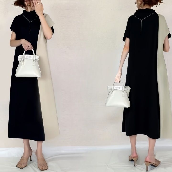 ワンピース　バイカラーハイネックロングワンピース（ブルベ夏向け・ブルベ冬向け）