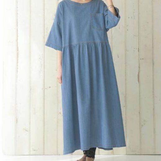 ワンピース　涼やか風ギャザーデニムワンピース（ブルベ夏向け・ブルベ冬向け）