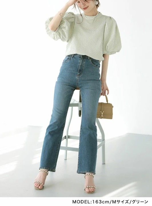 ブルベ服　優雅なパフスリーブストライプ半袖（ブルベ夏向け・ブルベ冬向け）