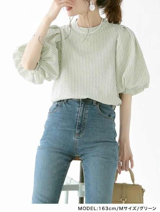 ブルベ服　優雅なパフスリーブストライプ半袖（ブルベ夏向け・ブルベ冬向け）