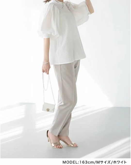 ブルベ服　優雅なパフスリーブストライプ半袖（ブルベ夏向け・ブルベ冬向け）