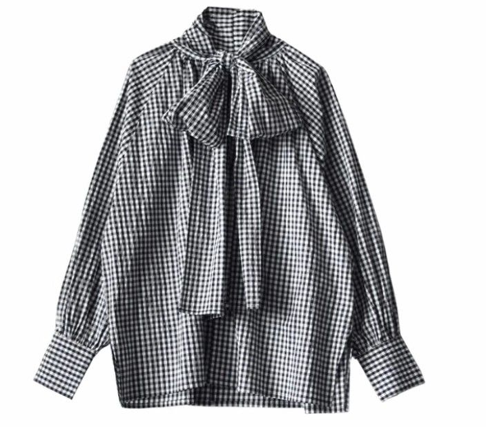 イエベ服　格子柄リボン付きボリューム袖ブラウス（イエベ秋向け）