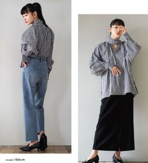 イエベ服　格子柄リボン付きボリューム袖ブラウス（イエベ秋向け）