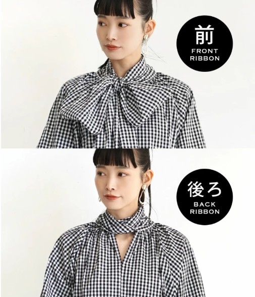 イエベ服　格子柄リボン付きボリューム袖ブラウス（イエベ秋向け）