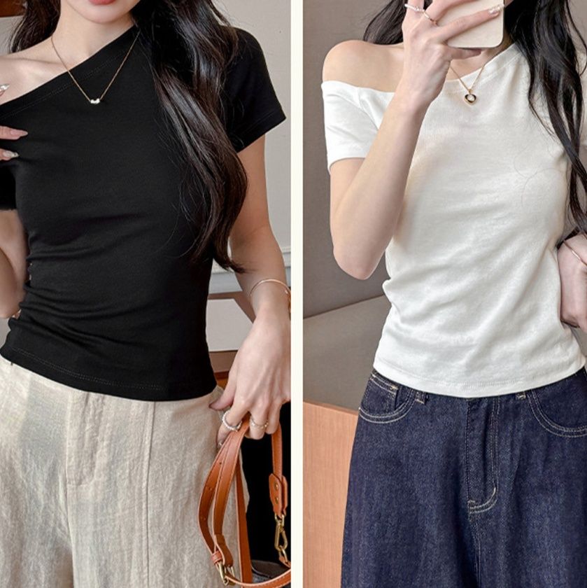 ブルベ服　洗練ワンショルダーTシャツ 大人の肌見せ夏トップス（ブルベ夏向け・ブルベ冬向け）