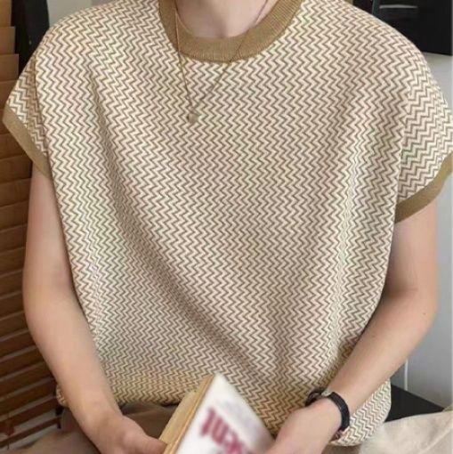 イエベ服　涼やか幾何学柄サマーニット フレンチスリーブ（イエベ春向け・イエベ秋向け）
