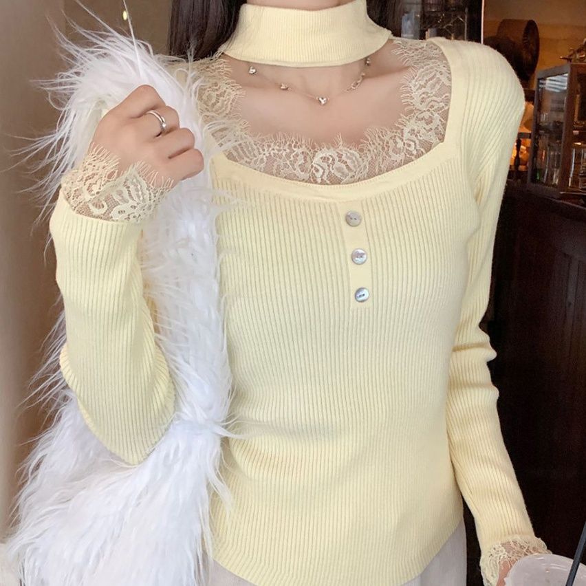 ブルベ服　レース切替チョーカー風ニットリブトップス（ブルベ夏向け・ブルベ冬向け）