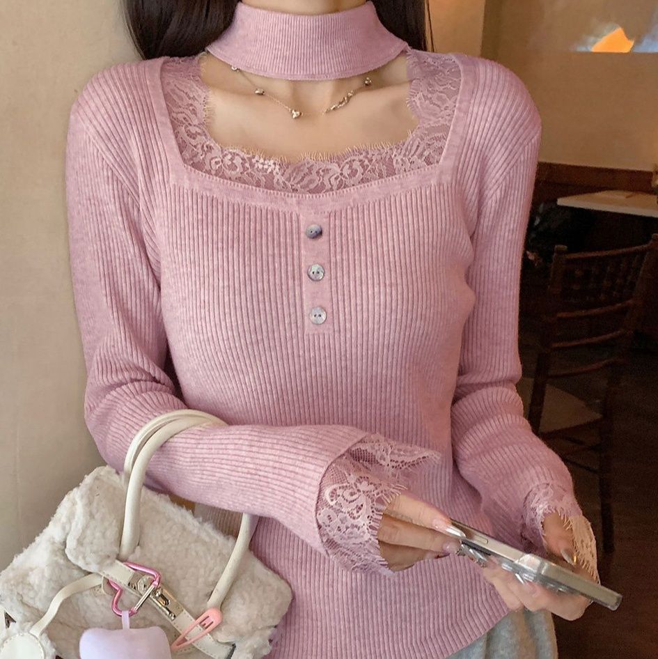 ブルベ服　レース切替チョーカー風ニットリブトップス（ブルベ夏向け・ブルベ冬向け）