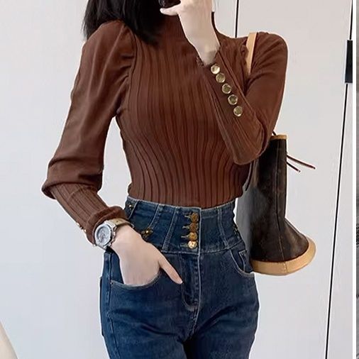 ブルベ服　金ボタン付きハイネックニットトップス（ブルベ夏向け・ブルベ冬向け）
