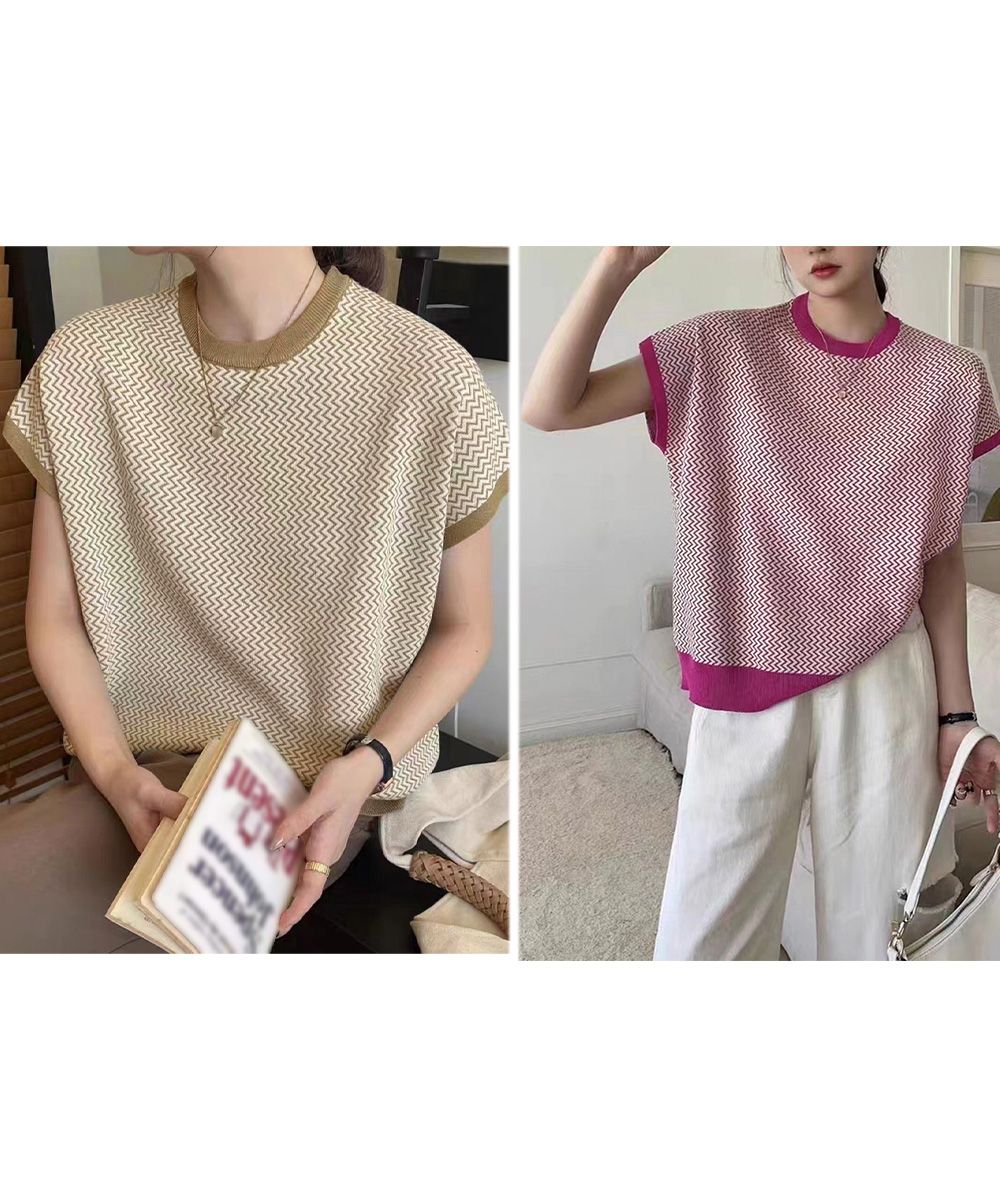 イエベ服　涼やか幾何学柄サマーニット フレンチスリーブ（イエベ春向け・イエベ秋向け）