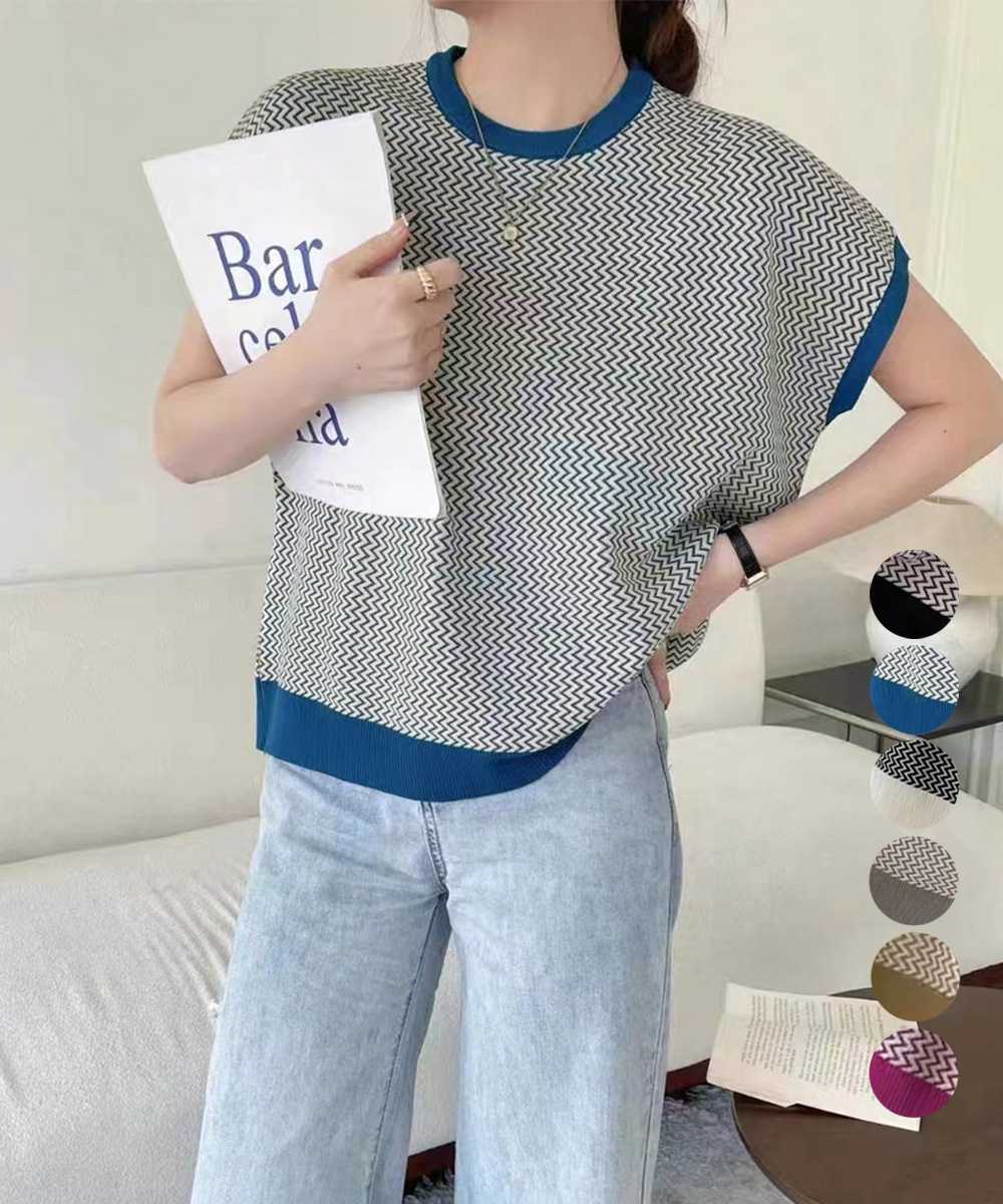ブルベ服　涼やか幾何学柄サマーニット フレンチスリーブ（ブルベ夏向け・ブルベ冬向け）