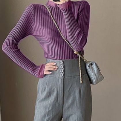 ブルベ服　袖レース付きリブニット長袖セーター女性用カーディガン（ブルベ夏向け・ブルベ冬向け）