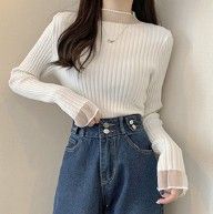 ブルベ服　袖レース付きリブニット長袖セーター女性用カーディガン（ブルベ夏向け・ブルベ冬向け）