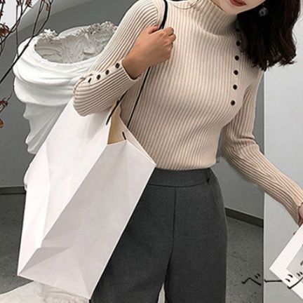 ブルベ服　ニット カーディガン レディース 長袖 リブ編み ハイネック ボタン 秋冬（ブルベ夏向け・ブルベ冬向け）