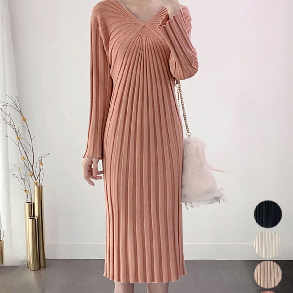 ブルベ服　プリーツワンピース 長袖 膝下丈 秋冬 きれいめ（ブルベ夏向け・ブルベ冬向け）