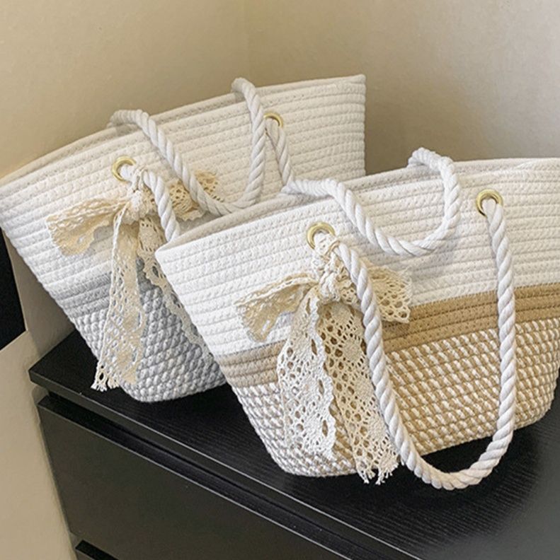 ブルベ夏/ブルベ冬服 夏の涼しげかご編みバッグ レースリボン付き