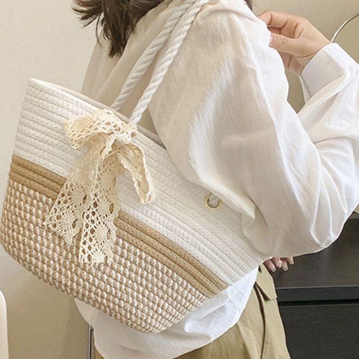 ブルベ夏/ブルベ冬服 夏の涼しげかご編みバッグ レースリボン付き